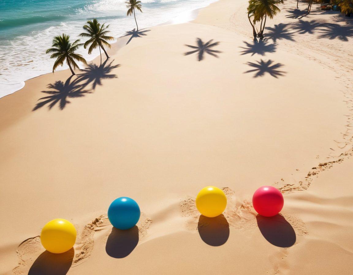 A sun-kissed beach scene showcasing a vibrant array of stylish beachwear laid out on soft golden sand, with tropical palm trees in the background. People of diverse backgrounds joyously playing with beach balls and splashing in crystal-clear waves, symbolizing a shift from sadness to happiness. Bright, cheerful colors dominate the scene, evoking a sense of warmth and freedom. sun-soaked imagery. vibrant colors. 3D.