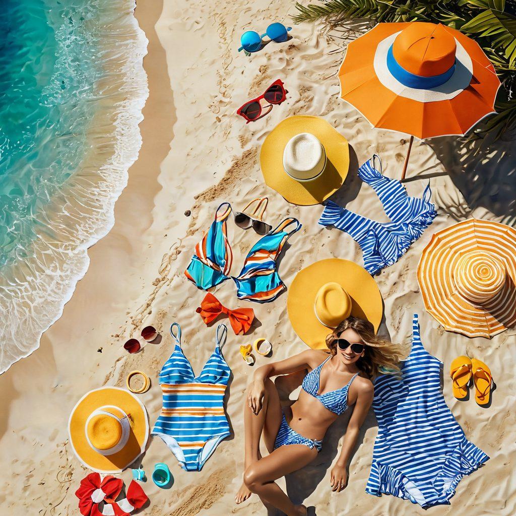 A vibrant beach scene showcasing an array of summer swimwear styles, including colorful two-pieces and stylish cover-ups, with sunbathers lounging under umbrellas and children playing in the sand. The backdrop features clear blue skies and gentle waves lapping at the shore, creating a lively summer atmosphere. Brightly colored beach accessories, like hats and sunglasses, are scattered around to enhance the fashion vibe. super-realistic. vibrant colors. summery atmosphere.